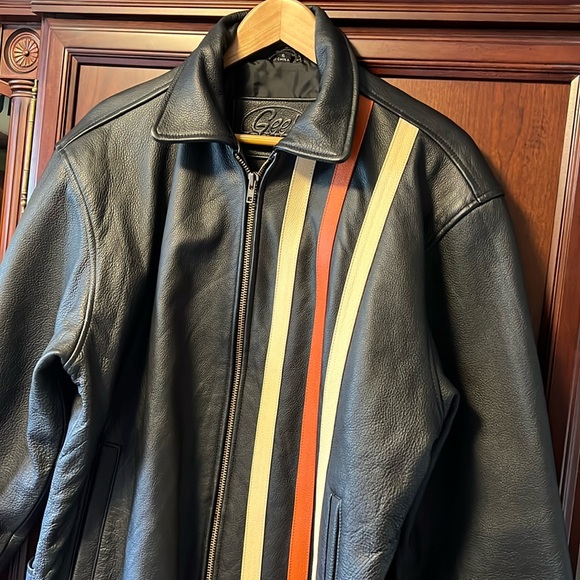 Geek Squad Automotive Racing Black Leather Bomber Jacket with Race Stripes! - Picture 2 of 12